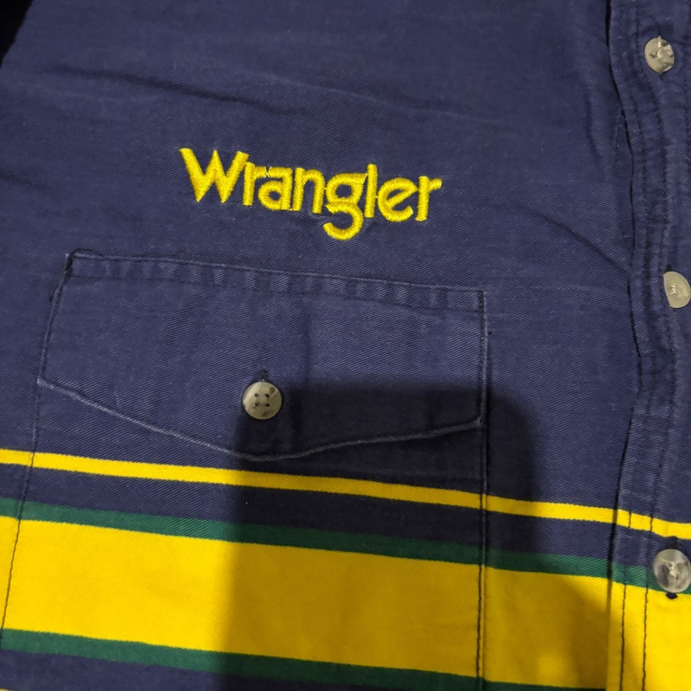 Wrangler Western Shirt Mens XL Navy Blue Stripe Embroidered Long Sleeves Cowboy - Picture 2 of 7